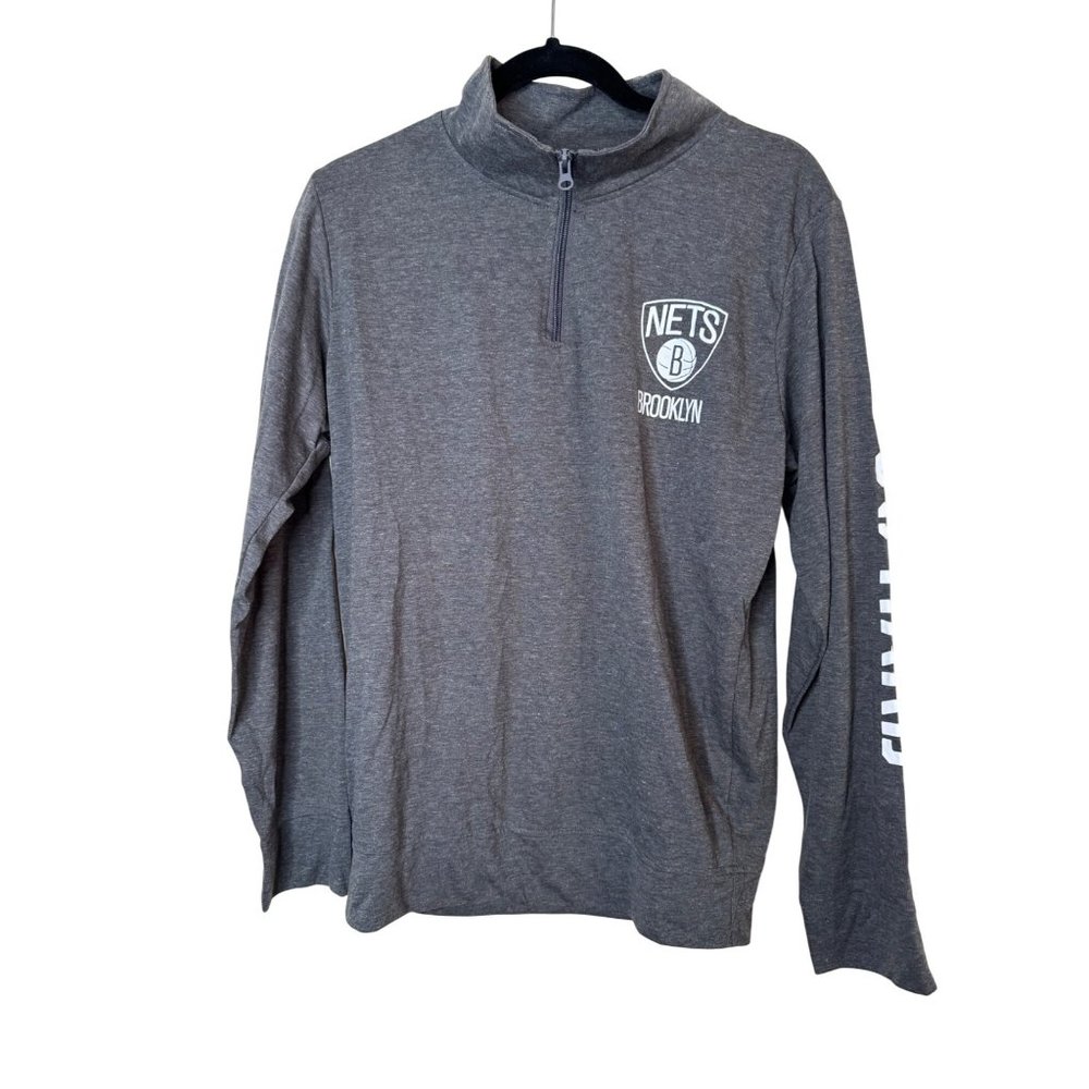 Brooklyn Nets 3/4 Zip We Go Hard Men's Long Sleeve Shirt Pullover Gray Size S